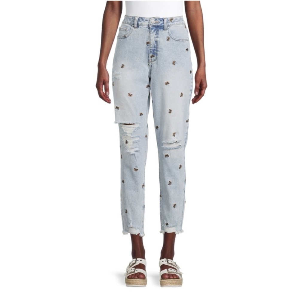 Material Girl Embroidered Butterfly Distressed Mom Jeans Size 9 Juniors
